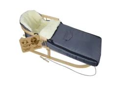 Bambiniwelt by Rafael K. Holzschlitten mit Rückenlehne und Winterfußsack 108cm Lammwolle Wasserabweisend Kombi-Set für Kinderwagen Buggy Dunkelgrau