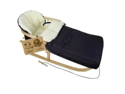 Bambiniwelt by Rafael K. Holzschlitten mit Rückenlehne und Winterfußsack 108cm Lammwolle Wasserabweisend Kombi-Set für Kinderwagen Buggy Schwarz