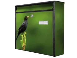 Banjado Briefkasten Schwarz 36.2x32.2x10cm Groß / Inkl. Montagematerial & 2 Schlüsseln / Mit Namensschild Motiv Vogel Auf Tannenzweig