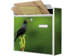 Banjado Briefkasten Weiß 36.2x32.2x10cm Groß / Inkl. Montagematerial & 2 Schlüsseln / Mit Namensschild Motiv Vogel Auf Tannenzweig