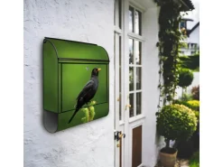 Banjado Design Briefkasten Schwarz Pulverbeschichtet 39x47x14cm 2 Schlüssel Mit Zeitungsfach Motiv Vogel Auf Tannenzweig