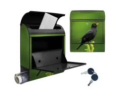 Banjado Design Briefkasten Schwarz Pulverbeschichtet 39x47x14cm 2 Schlüssel Mit Zeitungsfach Motiv Vogel Auf Tannenzweig