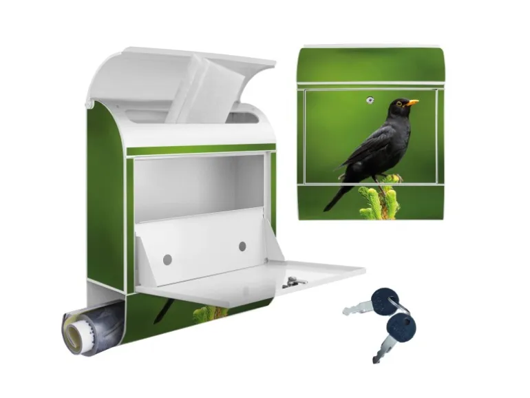 Banjado Design Briefkasten Weiß Pulverbeschichtet 39x47x14cm 2 Schlüssel Mit Zeitungsfach Motiv Vogel Auf Tannenzweig