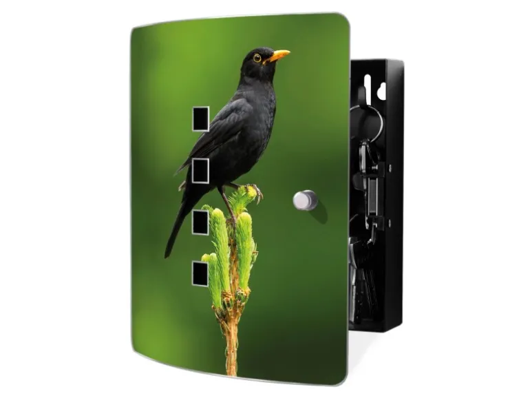 Banjado Design Schlüsselkasten Aus Edelstahl Für 10 Schlüssel 24x21,5x7cm Mit Magnetverschluss Motiv Vogel Auf Tannenzweig