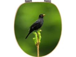 Banjado Design WC Sitz Bambus Holz Toilettendeckel Mit Absenkautomatik Klodeckel WC-Sitz Soft Close Mit Motiv Vogel Auf Tannenzweig