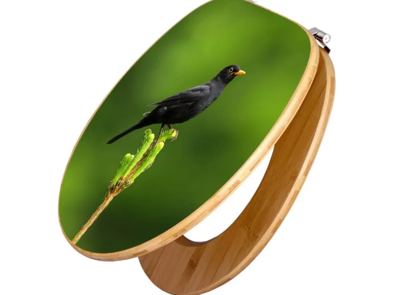 Banjado Design WC Sitz Bambus Toilettendeckel Toilettensitz Bambus Holz Klodeckel WC-Sitz Universal Scharnieren Motiv Vogel Auf Tannenzweig