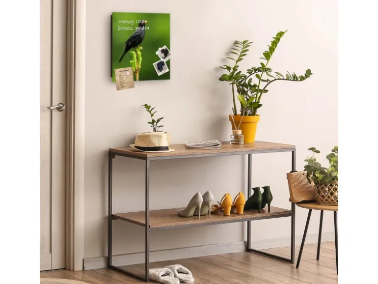 Banjado Großer Schlüsselkasten Glas 30x30cm Schwarz Scharnier Rechts 50 Haken Beschreibbar Magnetisch Motiv Vogel Auf Tannenzweig