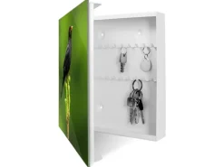 Banjado Großer Schlüsselkasten Glas 30x30cm Weiß Scharnier Links 50 Haken Beschreibbar Magnetisch Motiv Vogel Auf Tannenzweig