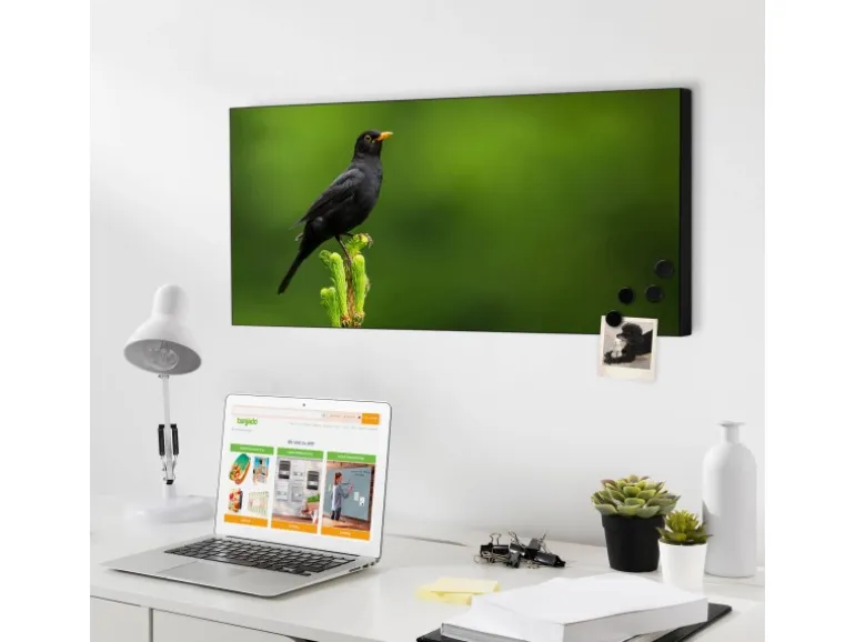 Banjado Magnettafel 78x37cm Magnetwand Schwarz Aus Metall Magnetpinnwand Pinnwand Inkl. 4 Magnete Motiv Vogel Auf Tannenzweig
