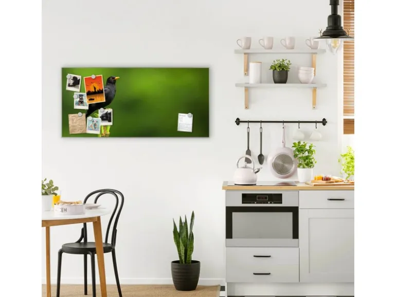 Banjado Magnettafel 78x37cm Magnetwand Silber Aus Metall Magnetpinnwand Pinnwand Inkl. 4 Magnete Motiv Vogel Auf Tannenzweig