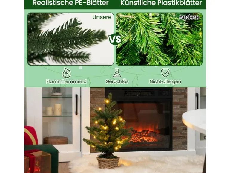 Costway Beleuchteter Mini Weihnachtsbaum & Weidenholztopf & Timer 48cm