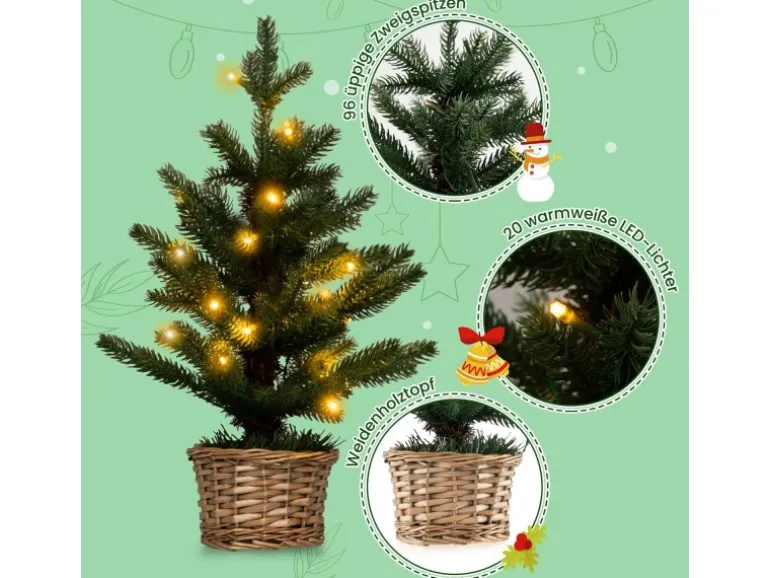 Costway Beleuchteter Mini Weihnachtsbaum & Weidenholztopf & Timer 48cm