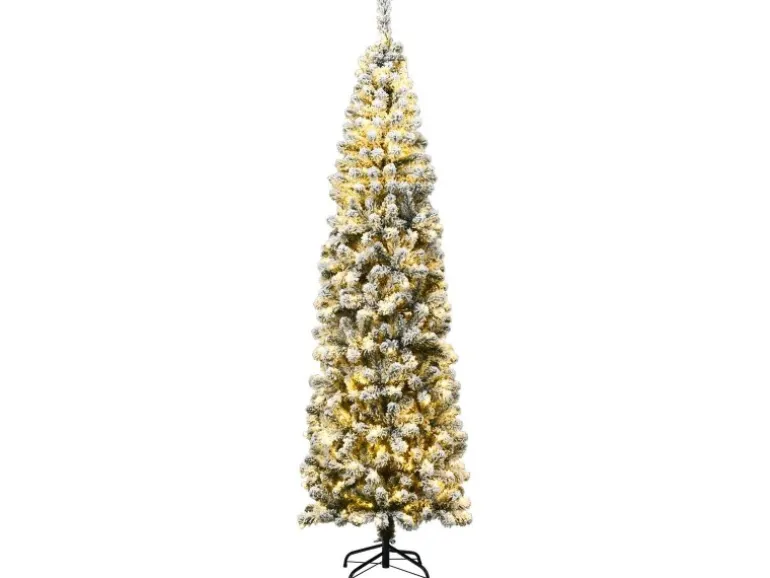 Costway Bleistift Weihnachtsbaum mit Schnee und Led-Leuchten 225cm
