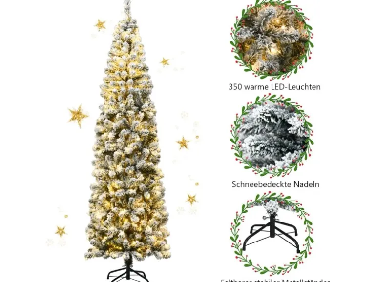 Costway Bleistift Weihnachtsbaum mit Schnee und Led-Leuchten 225cm