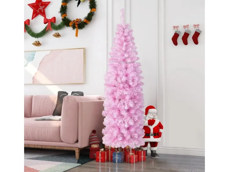 Costway Künstlicher Weihnachtsbaum Bleistift Rosa 180cm