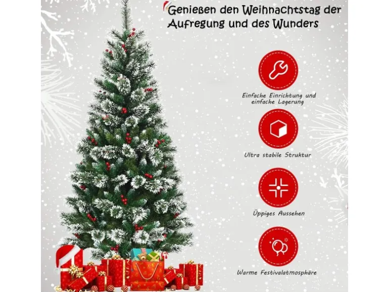 Costway Künstlicher Weihnachtsbaum 180cm mit Roten Beeren PVC Nadeln