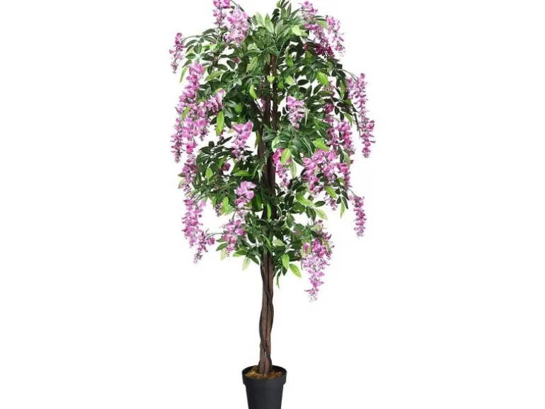 Costway Kunstbaum mit Blättern & 2 Stämmen Kunstblume Rosa 180 cm