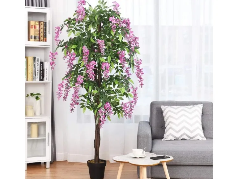 Costway Kunstbaum mit Blättern & 2 Stämmen Kunstblume Rosa 180 cm