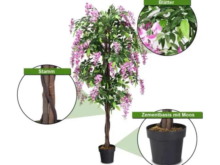 Costway Kunstbaum mit Blättern & 2 Stämmen Kunstblume Rosa 180 cm