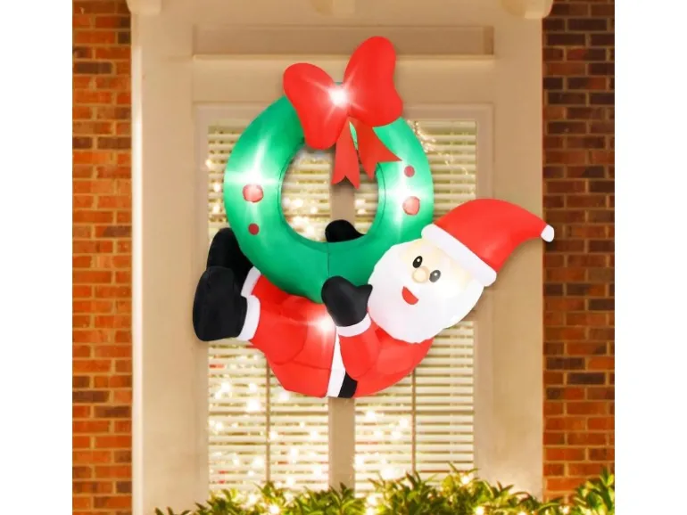 Costway LED Weihnachtsmann mit Kranz Wand Draußen 120CM