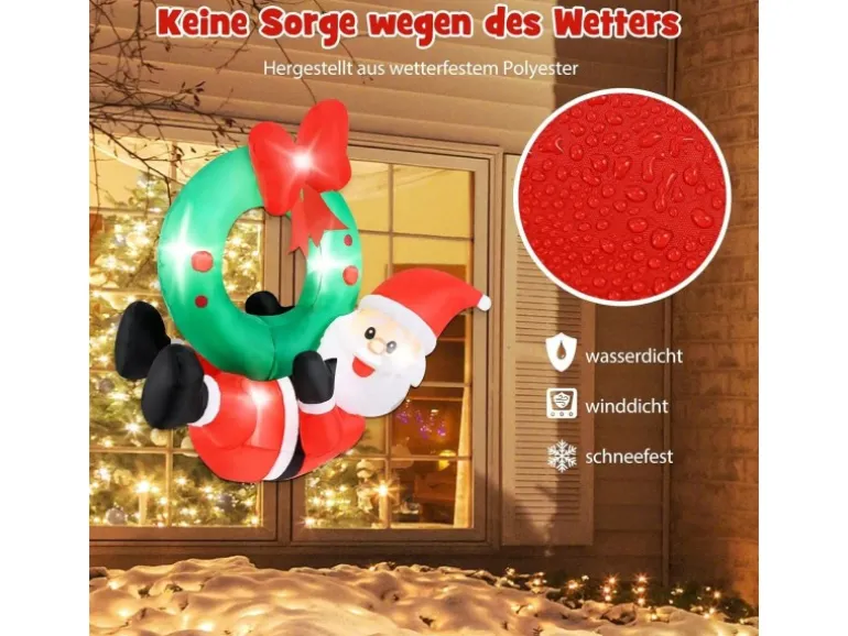 Costway LED Weihnachtsmann mit Kranz Wand Draußen 120CM