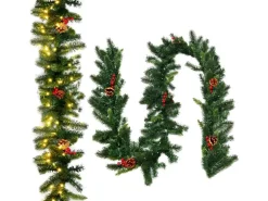 Costway Weihnachtsgirlande mit 100 Leds Warmweiß 270cm & Roten Beeren