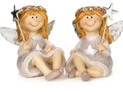 Deko-Engel sitzend mit Flügeln Creme Grau 2 Stk. sortiert