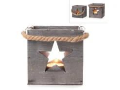 Deko-Holzbox Stern mit Glaswindlicht 14 cm Grau