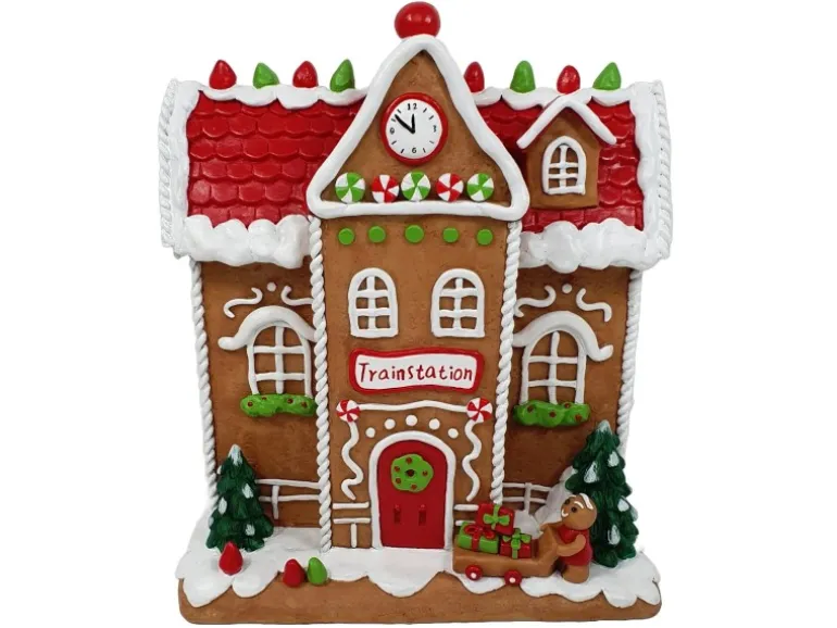 Dekorative Weihnachtsfigur Pfefferkuchen-Bahnhof Braun-Bunt