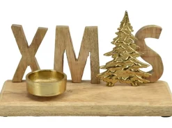 Deko-Schriftzug XMAS mit Teelichthalter aus Mangoholz 20 cm Natur-Gold
