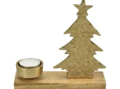 Deko-Tanne mit Teelichthalter aus Aluminium/Mangoholz 17 cm Gold-Natur