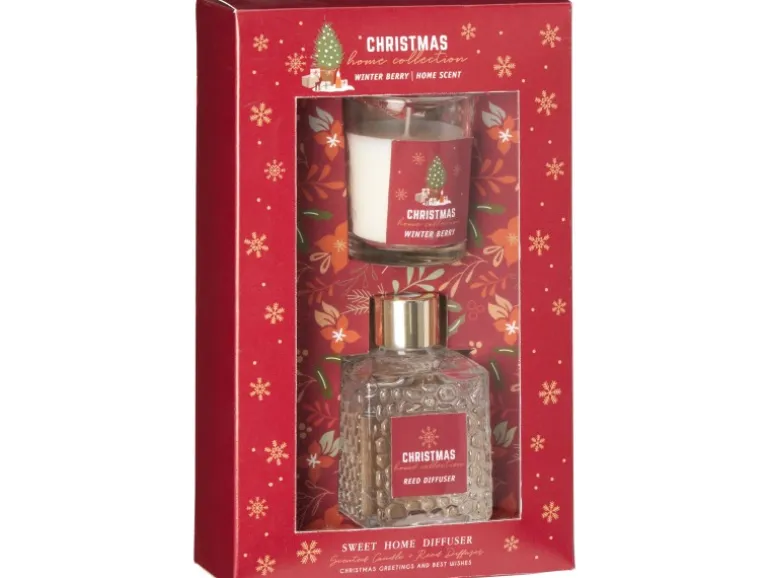 Diffuser-Set mit Kerze Vanille Winterbeere Mistelzweig 3-fach Sortiert