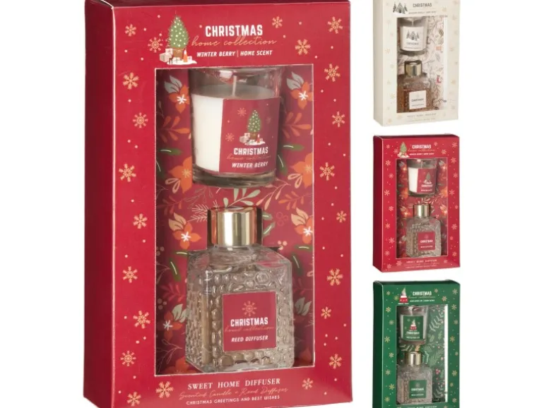 Diffuser-Set mit Kerze Vanille Winterbeere Mistelzweig 3-fach Sortiert