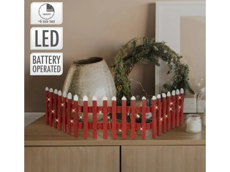 ECD Germany Deko Holz Zaun mit LED in Rot 90 x 21 cm Batteriebetrieben Mini Zaun