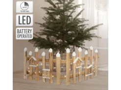 ECD Germany Deko Holz Zaun mit LED in Natur 98 x 39 cm mit Vogelhäuschen Mini