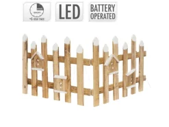 ECD Germany Deko Holz Zaun mit LED in Natur 98 x 39 cm mit Vogelhäuschen Mini