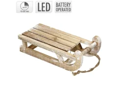 ECD Germany Deko Schlitten aus Holz mit 25 Warmweißen LEDs 31,5 cm Braun-Natur