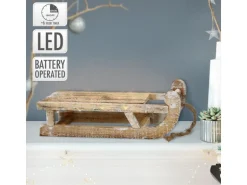 ECD Germany Deko Schlitten aus Holz mit 25 Warmweißen LEDs 31,5 cm Braun-Natur