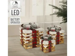 ECD Germany 3Er Set LED Geschenkboxen Braun Holz Geschneit mit Timer