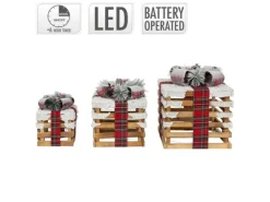 ECD Germany 3Er Set LED Geschenkboxen Braun Holz Geschneit mit Timer