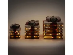 ECD Germany 3Er Set LED Geschenkboxen Braun Holz Geschneit mit Timer