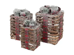 ECD Germany 3Er Set LED Geschenkboxen Braun Rattan Geschneit mit Timer