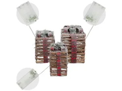 ECD Germany 3Er Set LED Geschenkboxen Braun Rattan Geschneit mit Timer