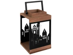 ECD Germany Holzlaterne 22cm Gartenlaterne mit Kerzenständer Henkel Stadt Muster