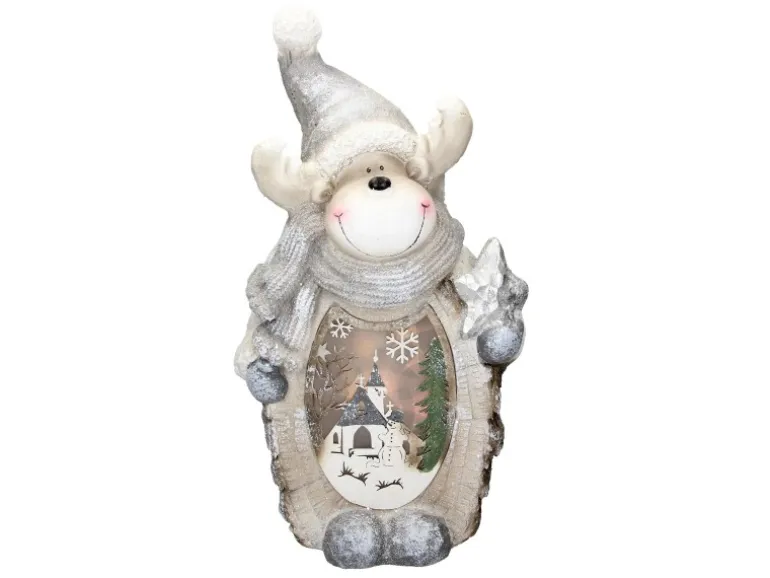 ECD Germany Rentier Figur mit LED Beleuchtung 51 cm Warmweiß Weiß mit Grauem Hut