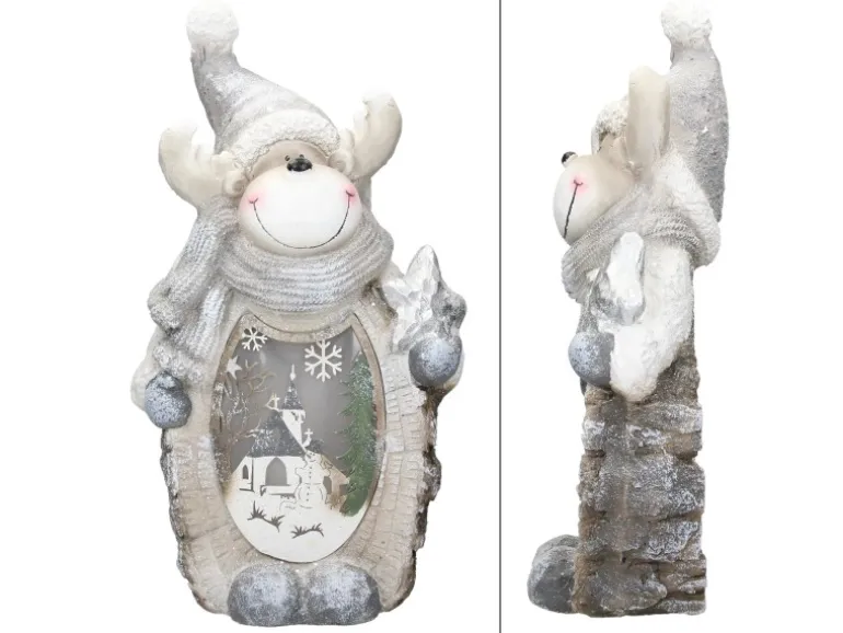ECD Germany Rentier Figur mit LED Beleuchtung 51 cm Warmweiß Weiß mit Grauem Hut