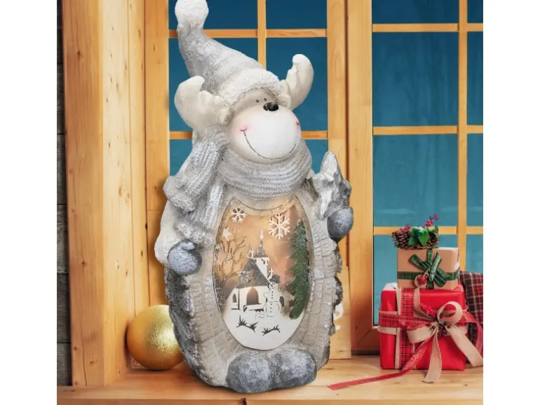 ECD Germany Rentier Figur mit LED Beleuchtung 51 cm Warmweiß Weiß mit Grauem Hut