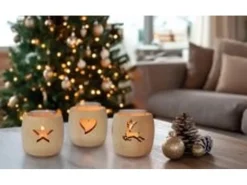 Erst-Holz Zirben Teelichthalter mit Glas und Ausschnitt Stern 3er Set