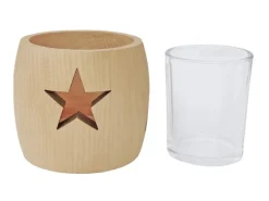 Erst-Holz Zirben Teelichthalter mit Glas und Ausschnitt Stern 3er Set