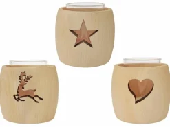 Erst-Holz Zirben Teelichthalter mit Glas und Ausschnitt Stern 3er Set